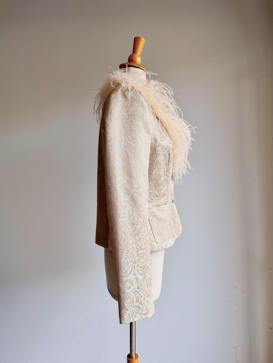 Victor Costa Feather Trim Brocade Jacket Ivory Champagne Embellished Size 8 - Picture 3 of 8